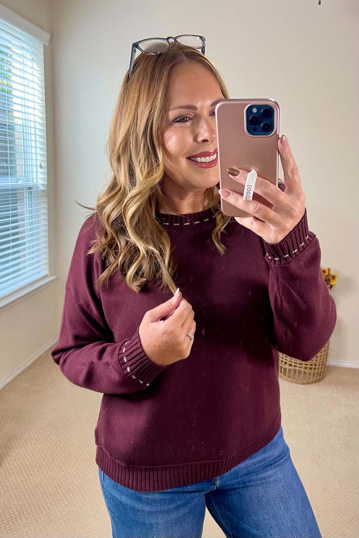 Staccato Plum Crewneck Sweater With Neck Stitch Detail