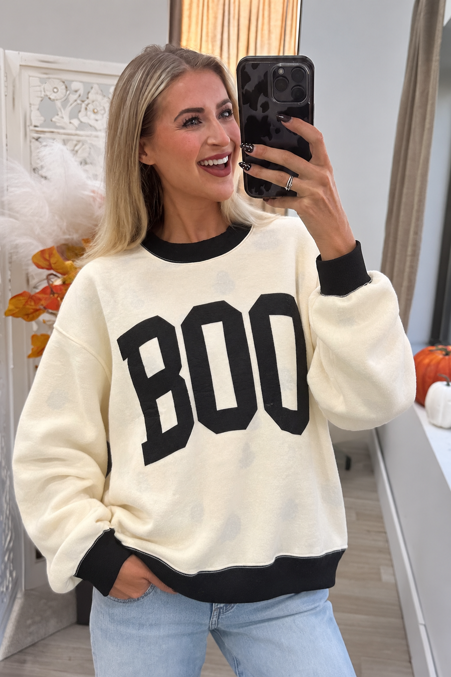 Cream And Black Reversible Boo Mock Neck Sweatshirt