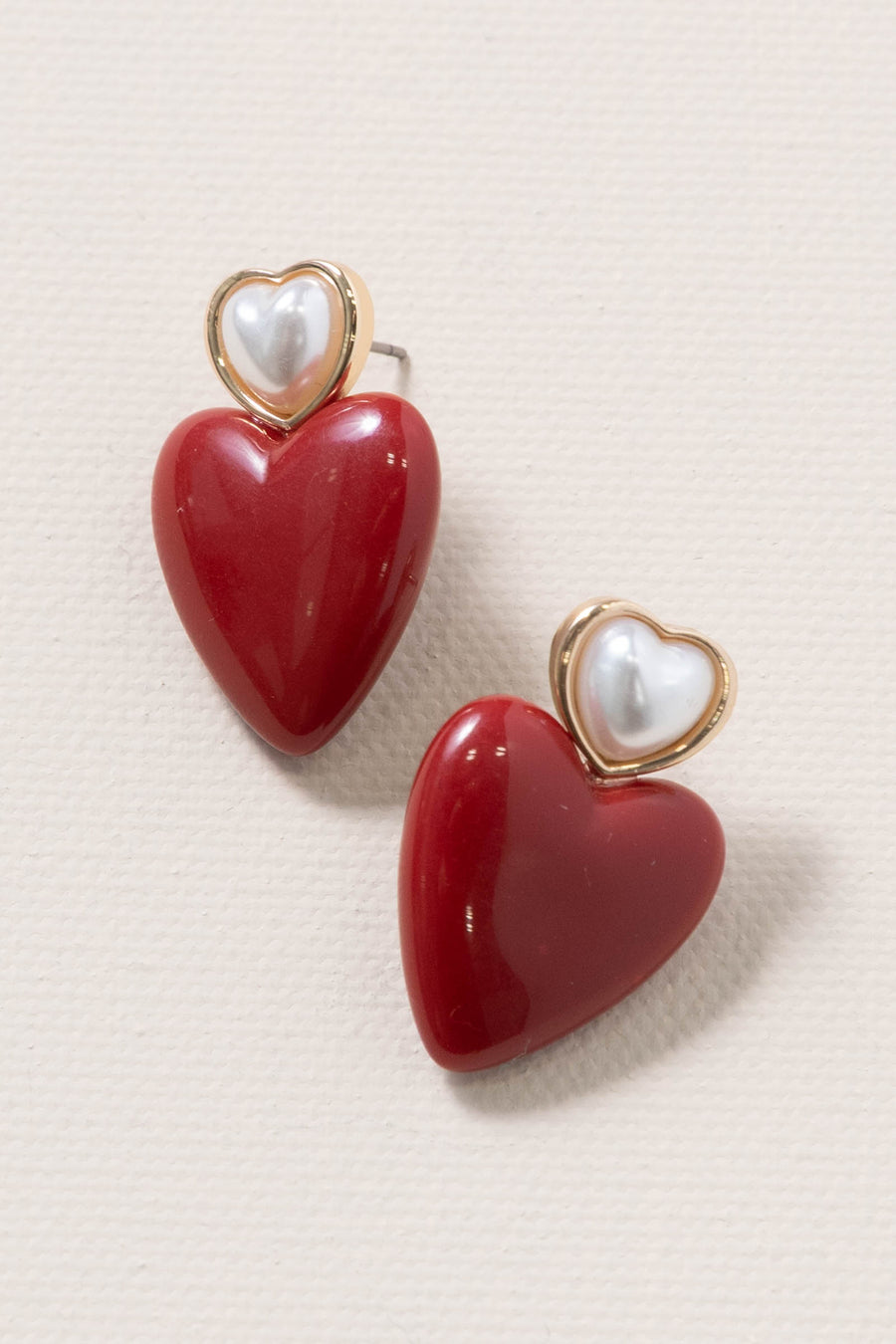 Double Heart Pearl Red Heart Drop Earrings
