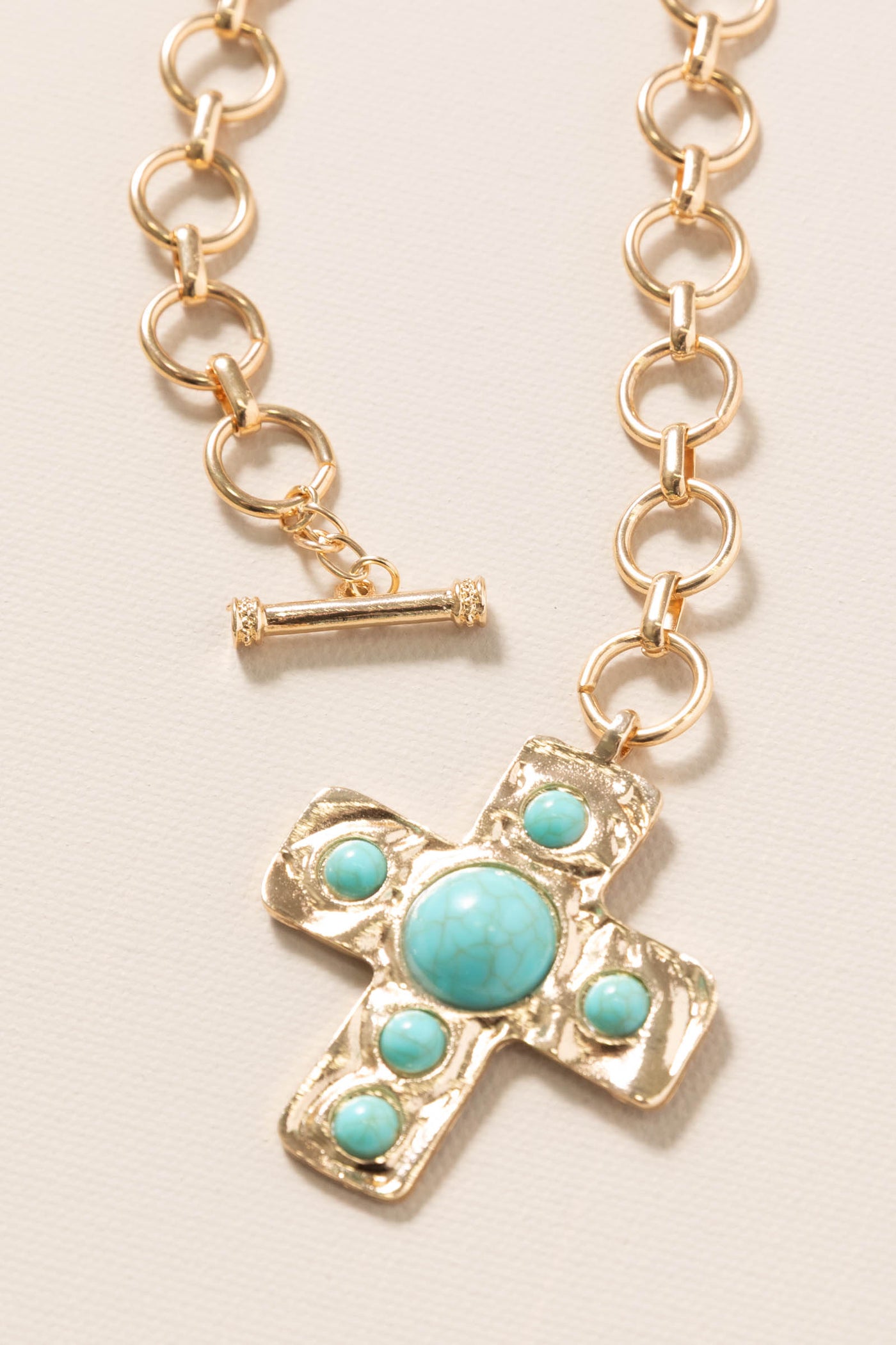 Gold Turquoise Hammered Cross Toggle Necklace