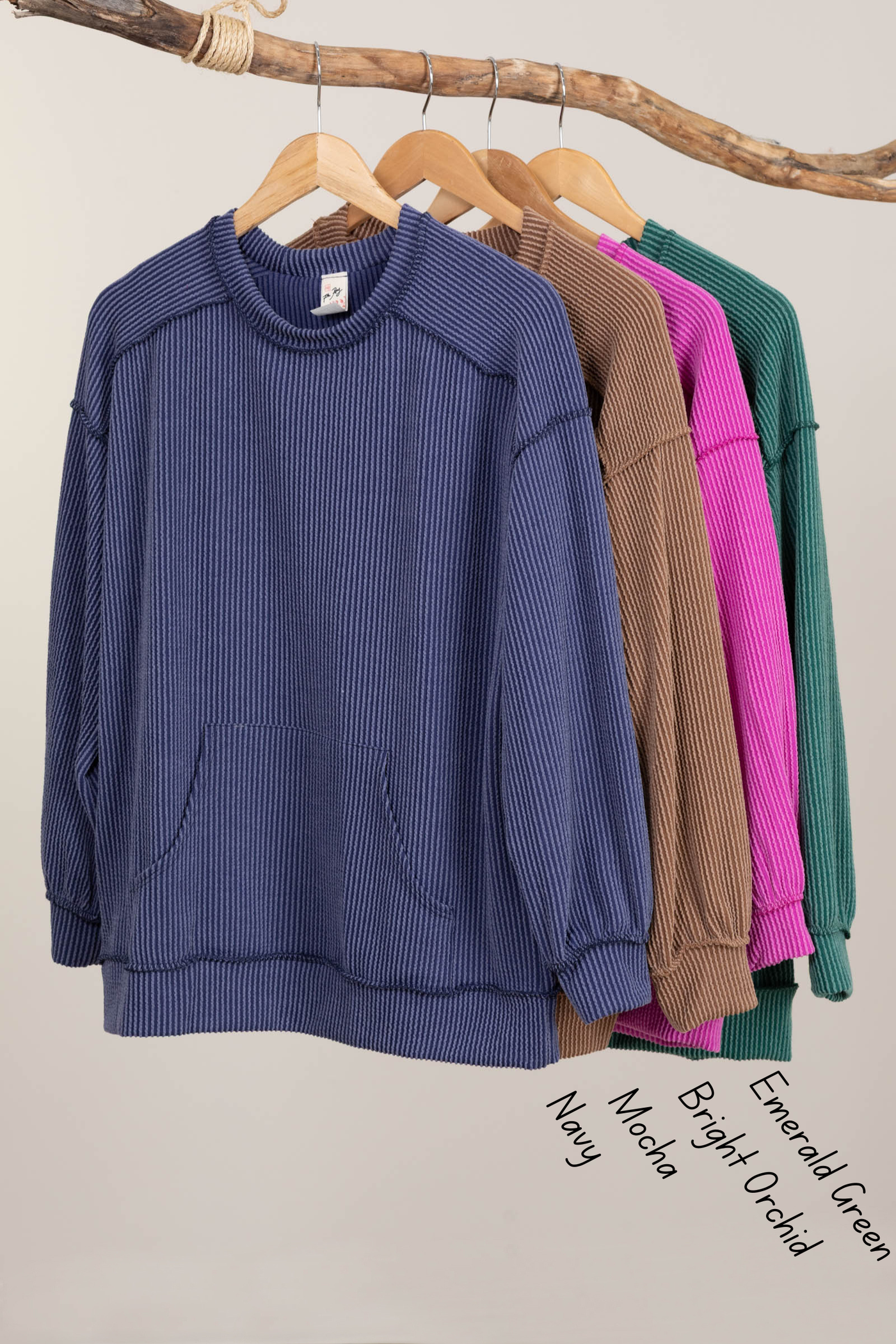 Ribbed Crew Neck Top With Kangaroo Pocket