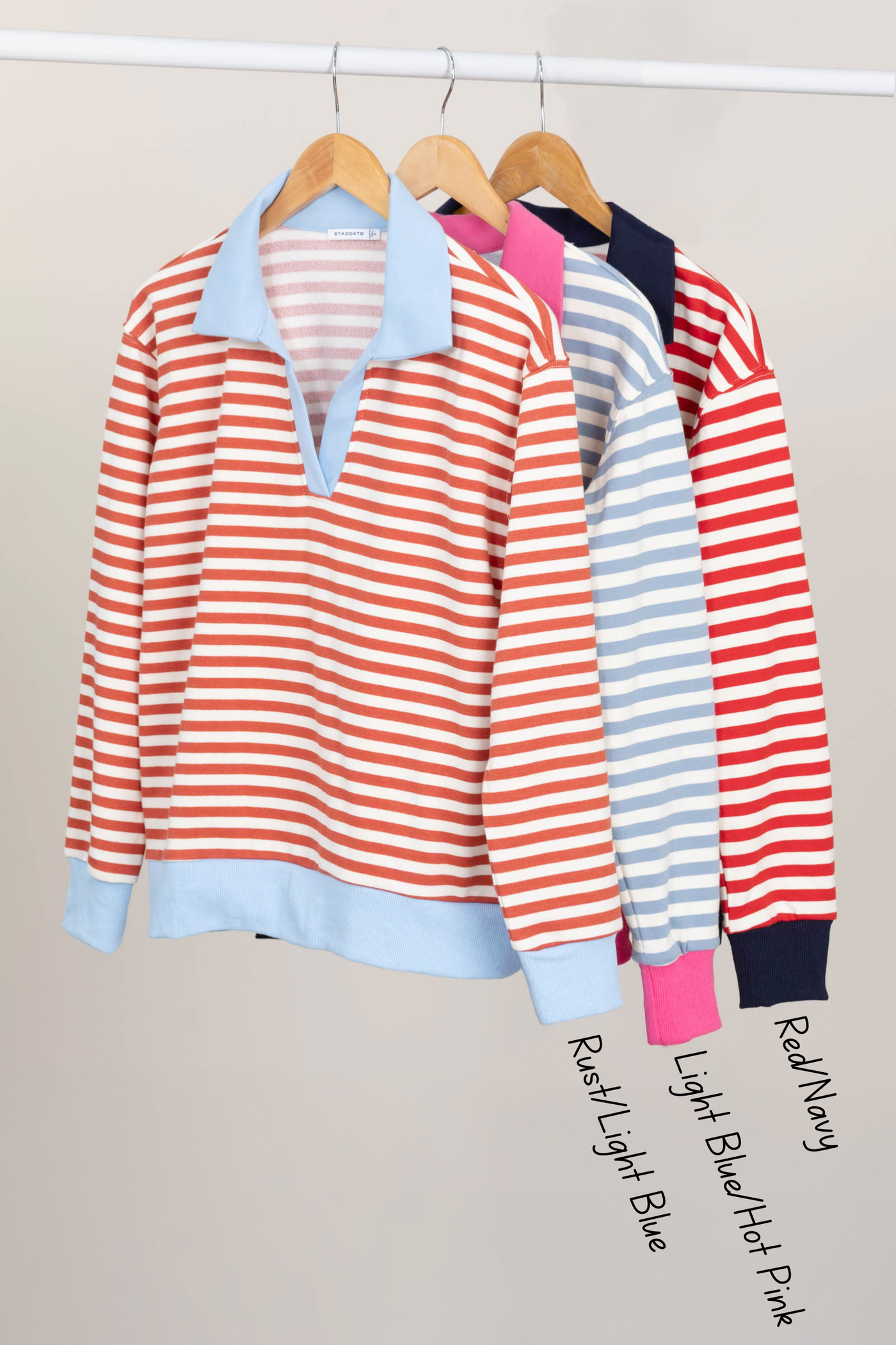 V-Neck Contrast Polo Collar Striped Sweatshirts