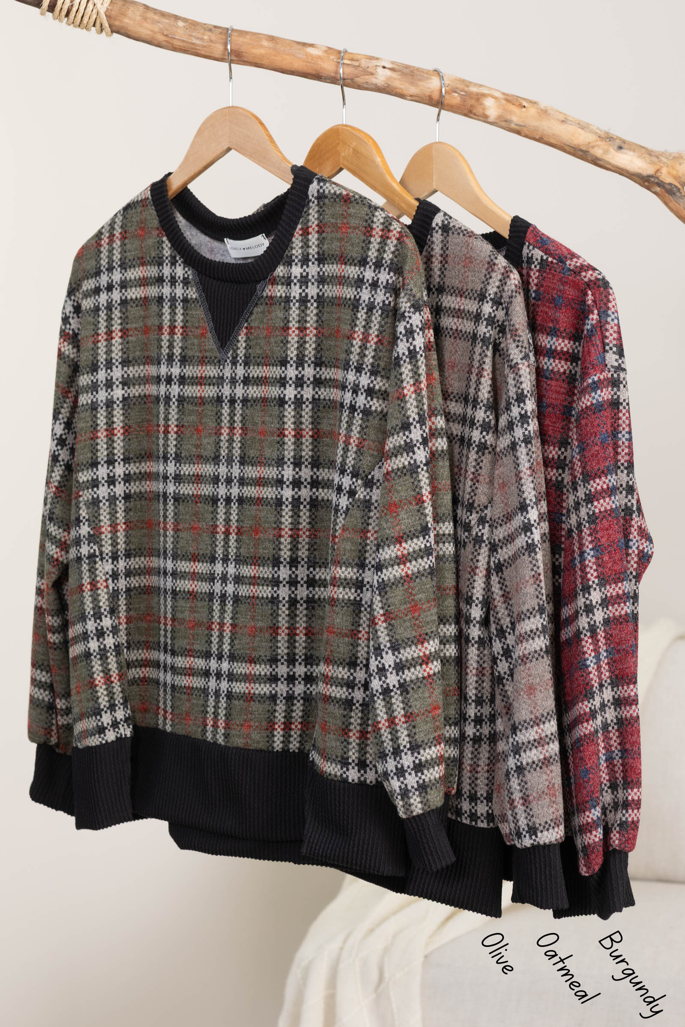 Checker Plaid Knit Long Sleeve Tops
