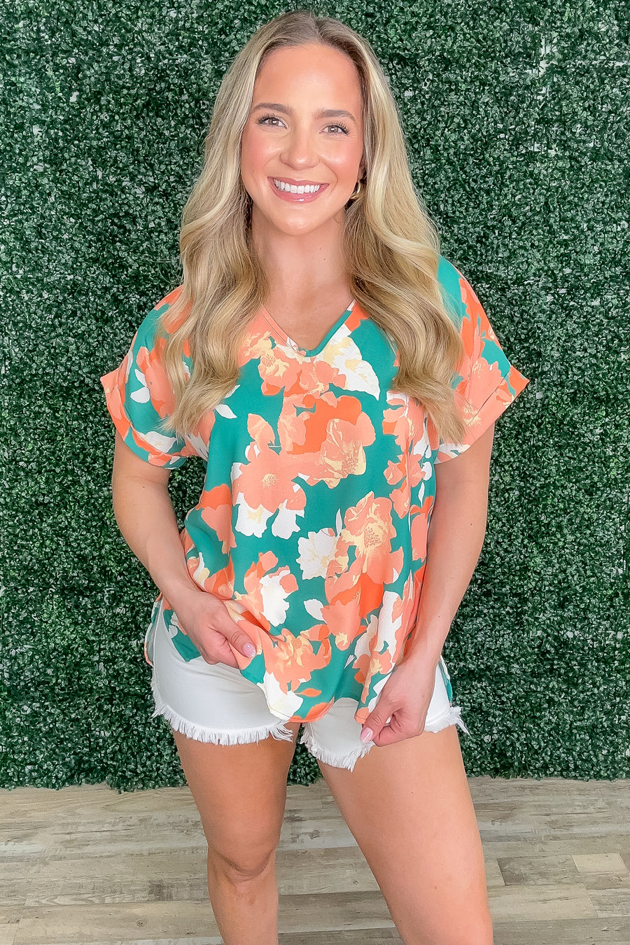 Green and Peach Floral Print Woven Top