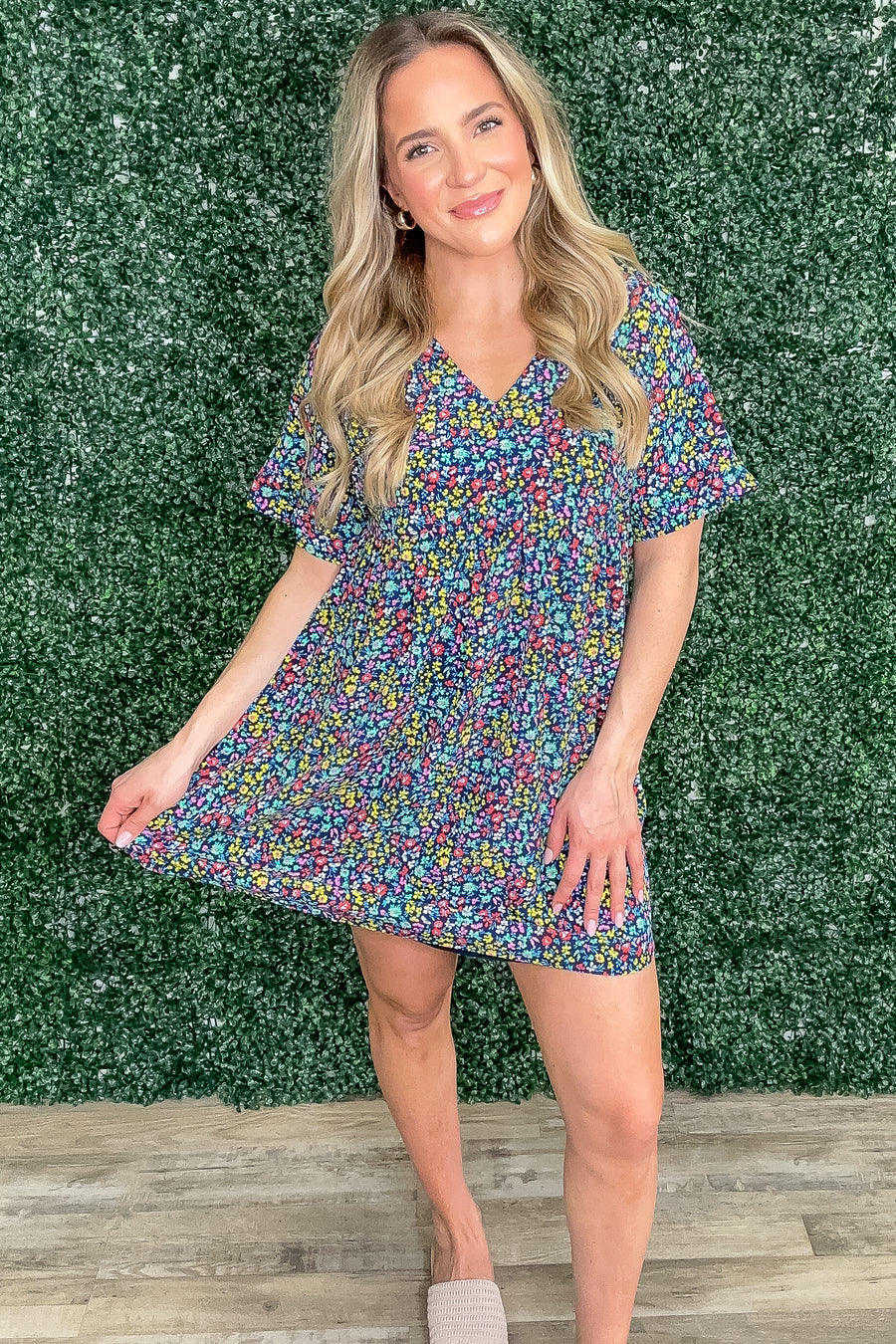 Navy Ditsy Floral Woven V-Neck Dress