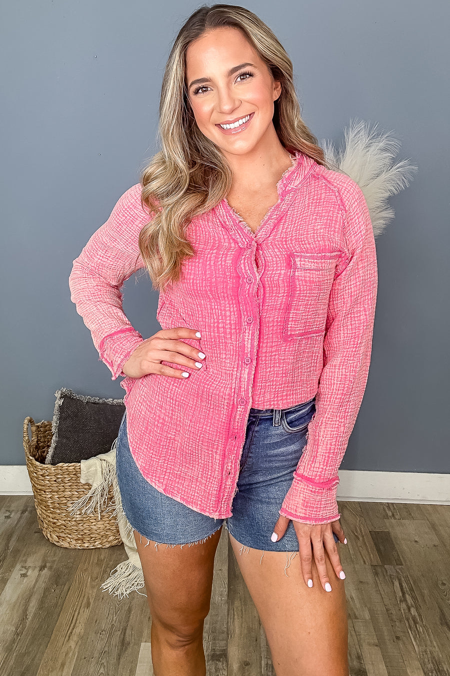 Hot Pink Mineral Washed Button Up Knit Top
