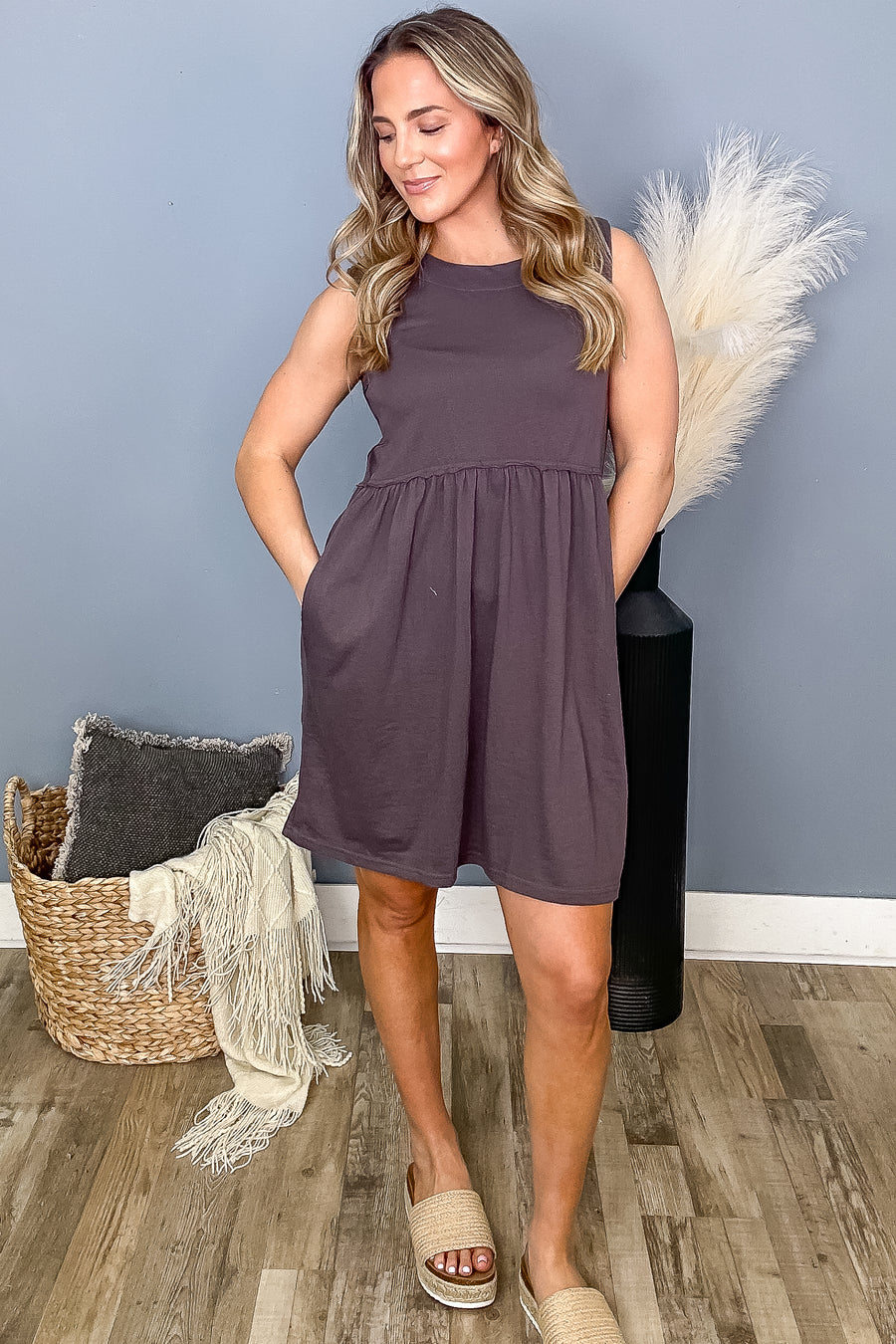 Charcoal Gauze Sleeveless Dress With Pockets