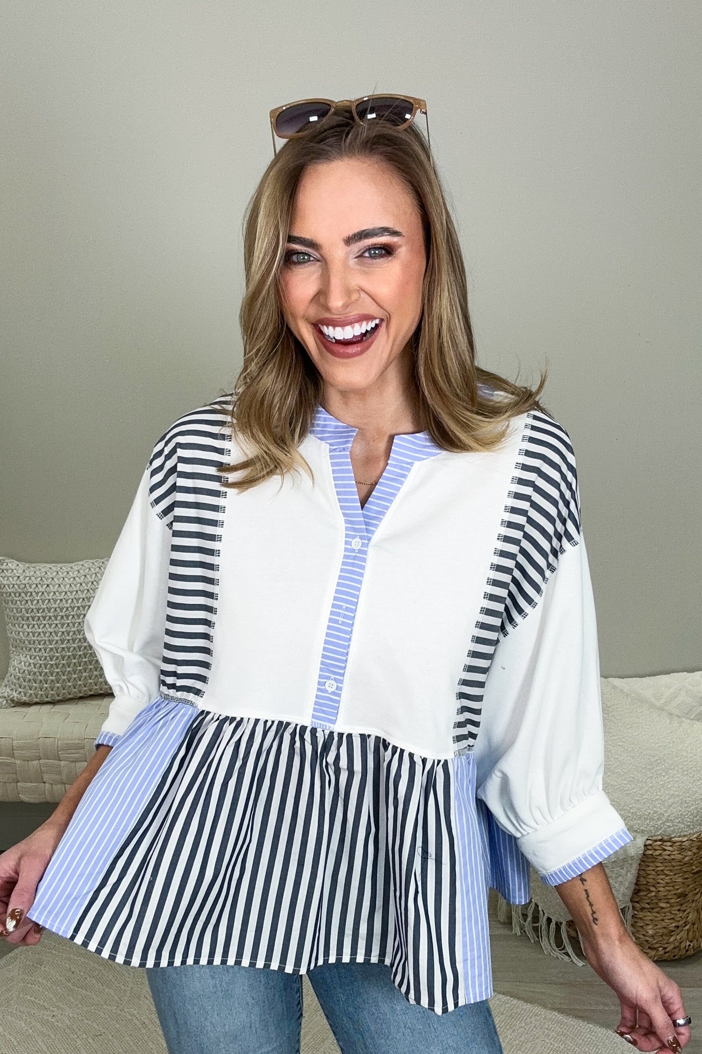 Off White And Blue Relaxed Fit Striped Peplum Top
