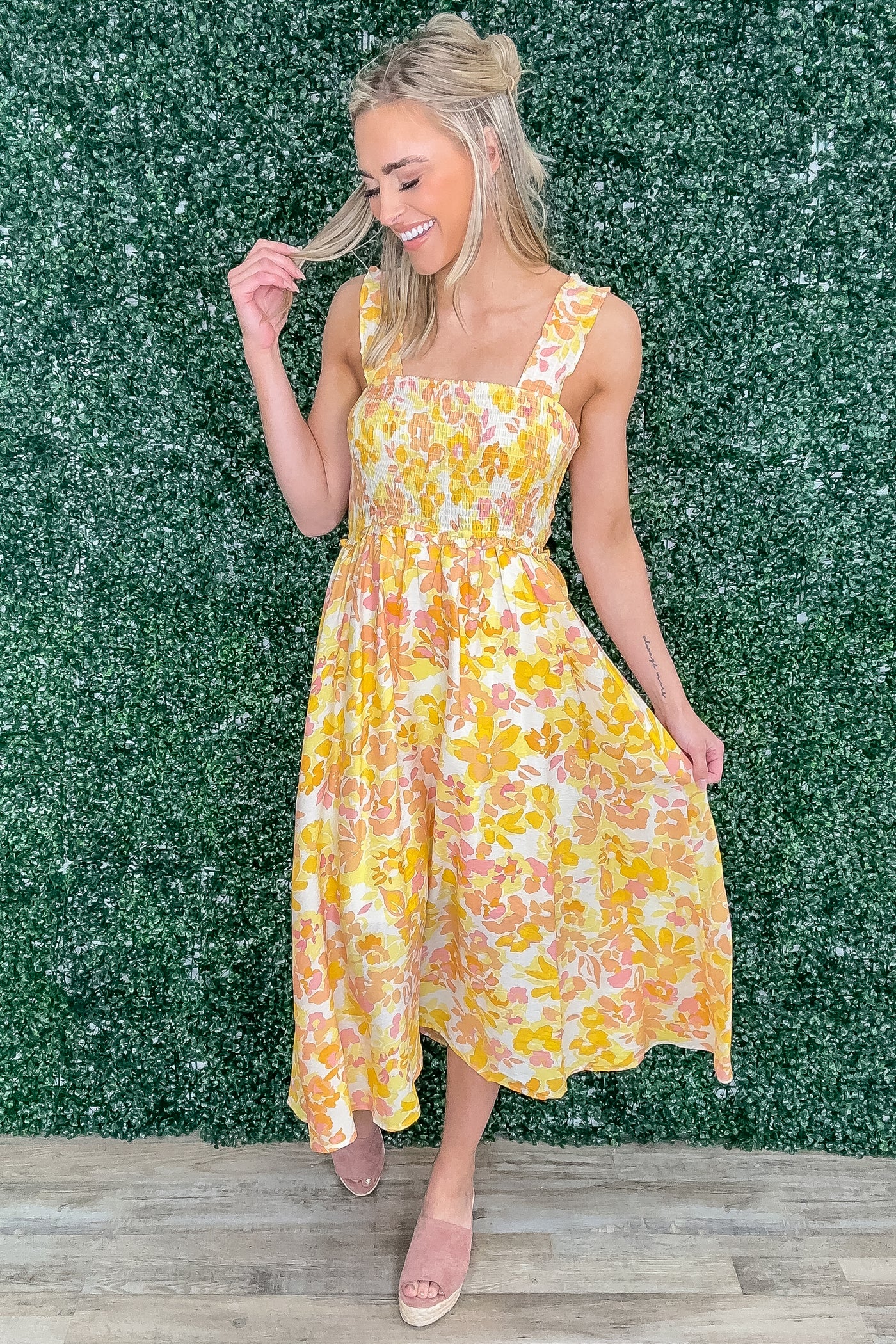 Yellow Floral Print Smocked Detail Midi Dress Filly Flair Yellow Floral Print Smocked Detail Midi Dress Filly Flair