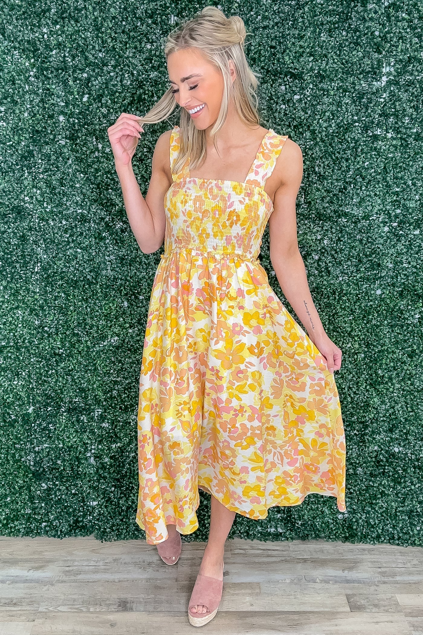Yellow Floral Print Smocked Detail Midi Dress