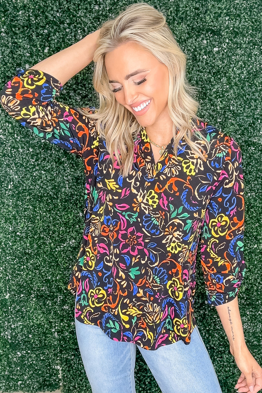 Black Multicolor Floral Wrinkle Free Lizzy Top