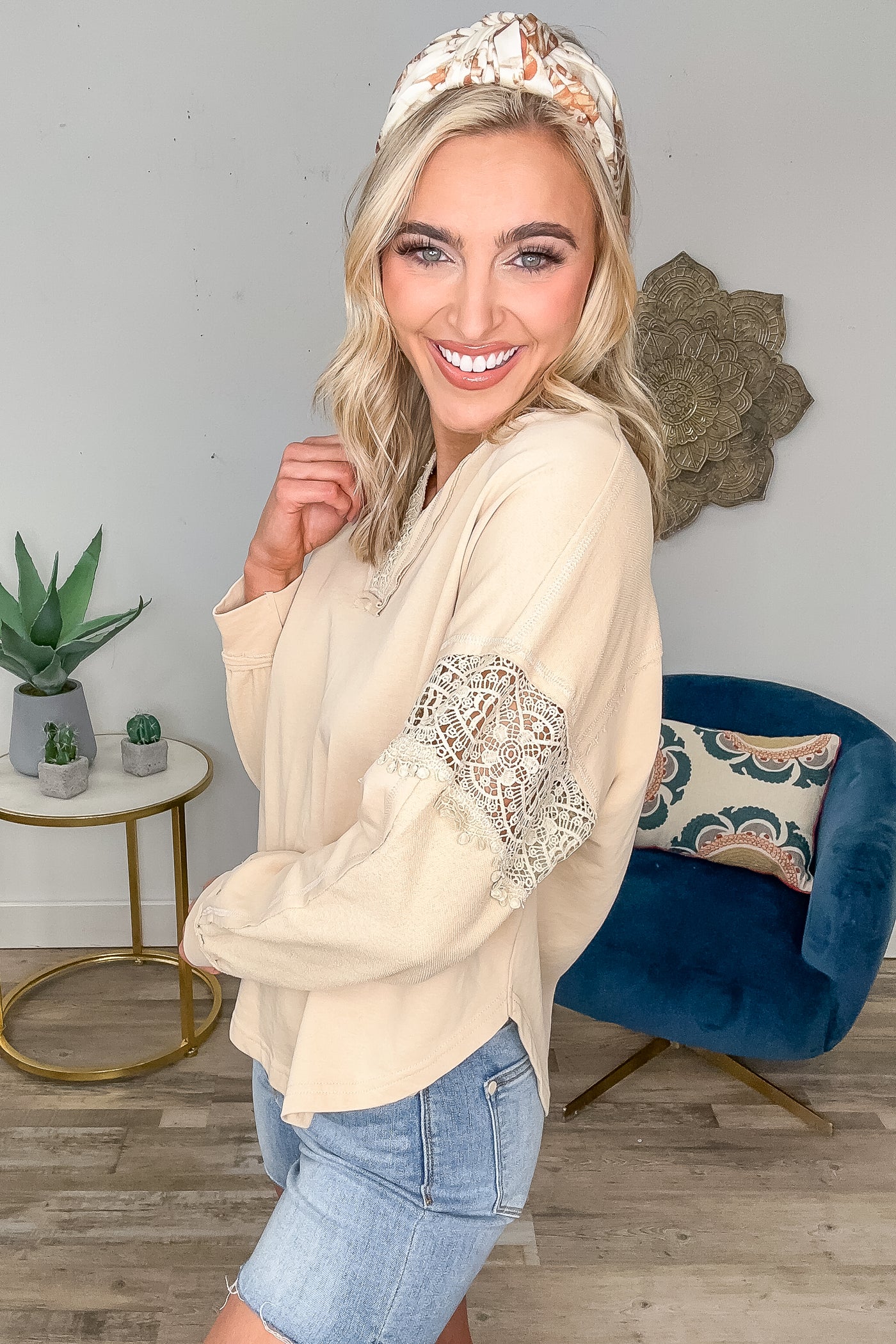 Tan Notch Neck Top With Crochet Inset Detail