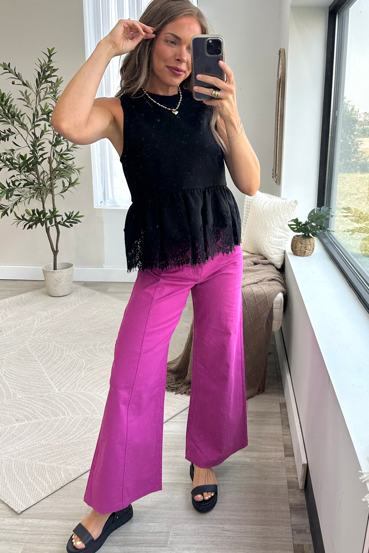 Black Tank With Lace Trim Knit Top