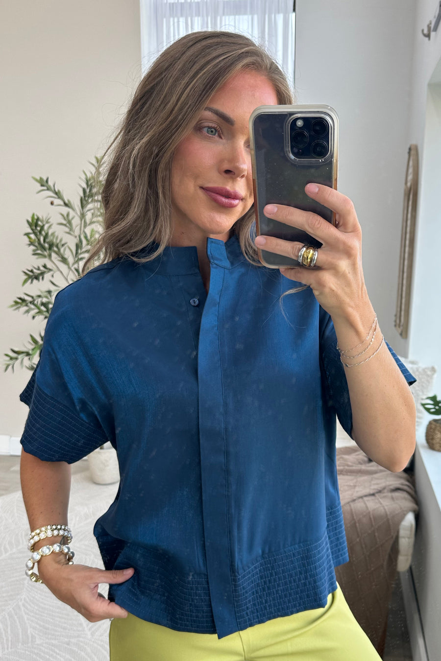 Navy Band Stitch Button Down Woven Top