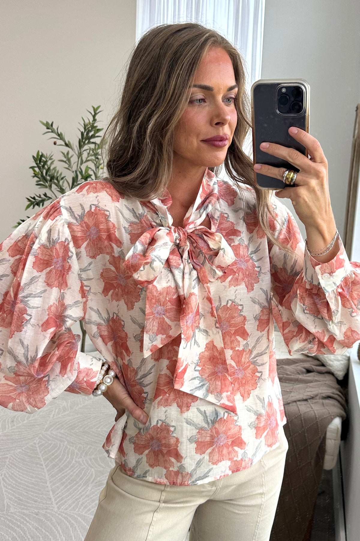 Ivory And Coral Floral Blouse