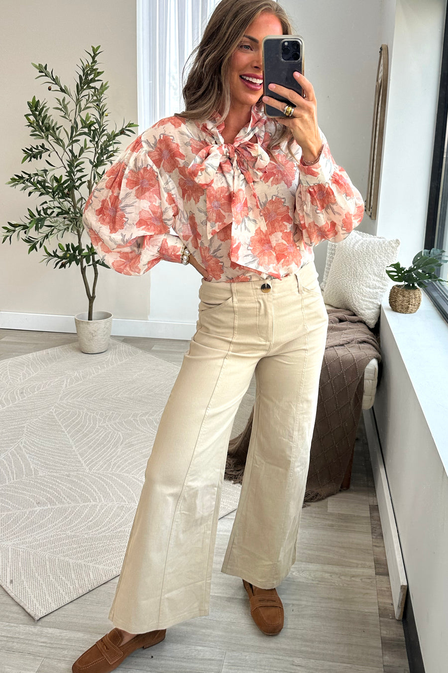 Khaki High Rise Wide Leg Pants