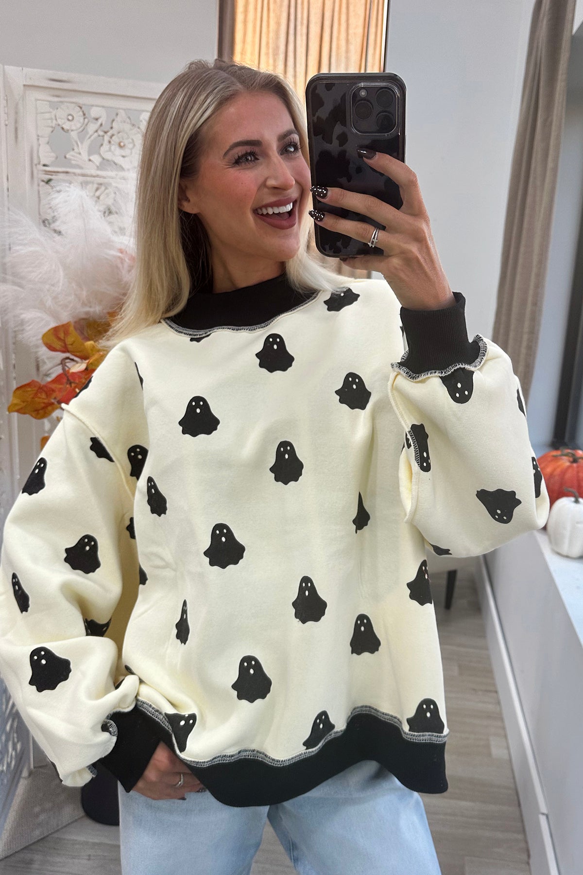 Cream And Black Reversible Boo Mock Neck Sweatshirt