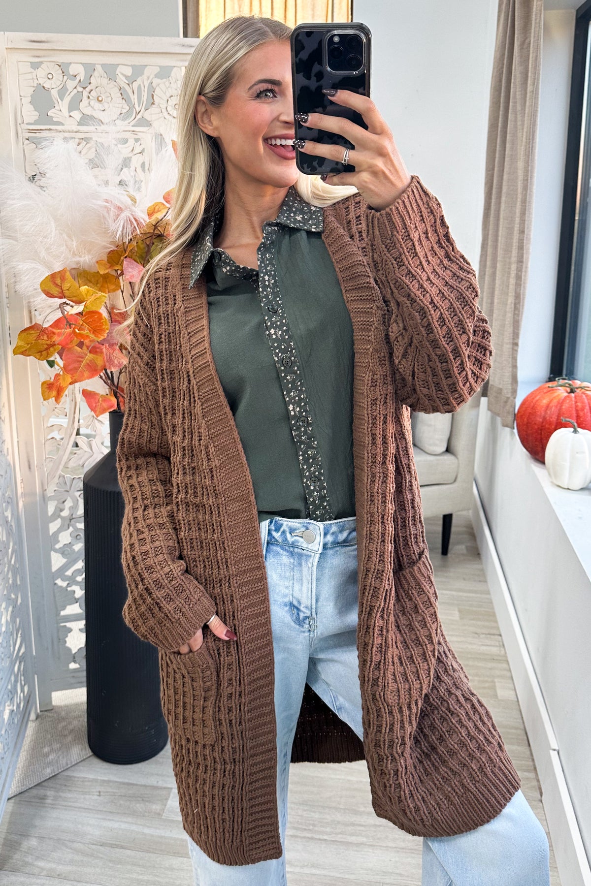Waffle Knit Open Front Long Cardigan