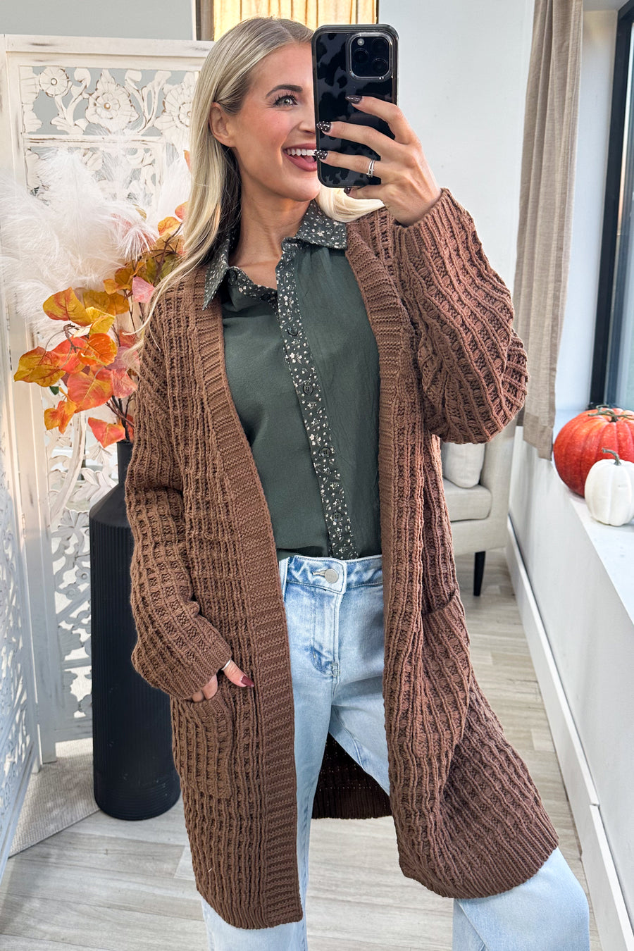 Waffle Knit Open Front Long Cardigan