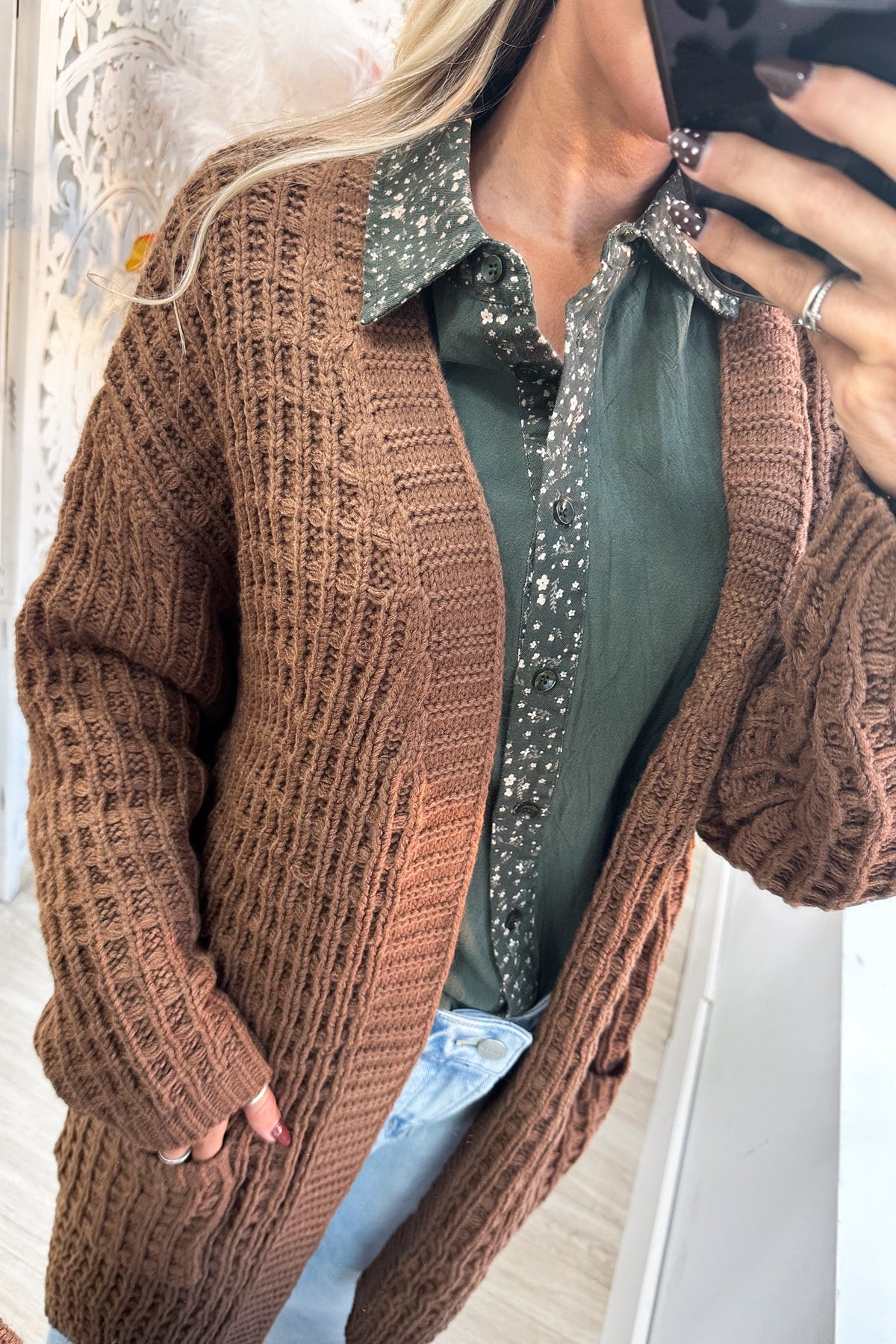 Waffle Knit Open Front Long Cardigan
