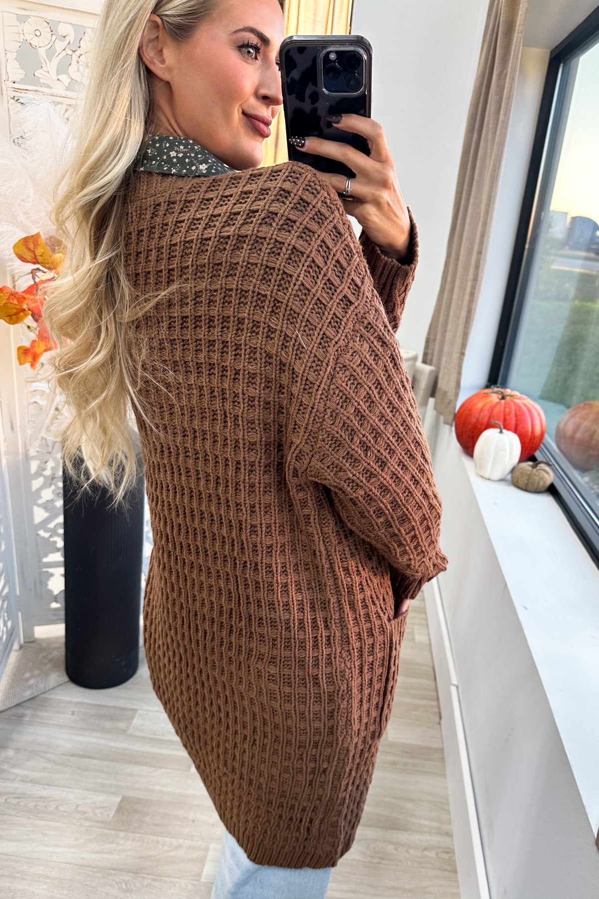 Waffle Knit Open Front Long Cardigan