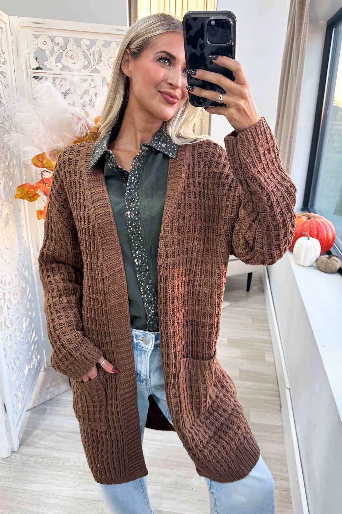 Waffle Knit Open Front Long Cardigan