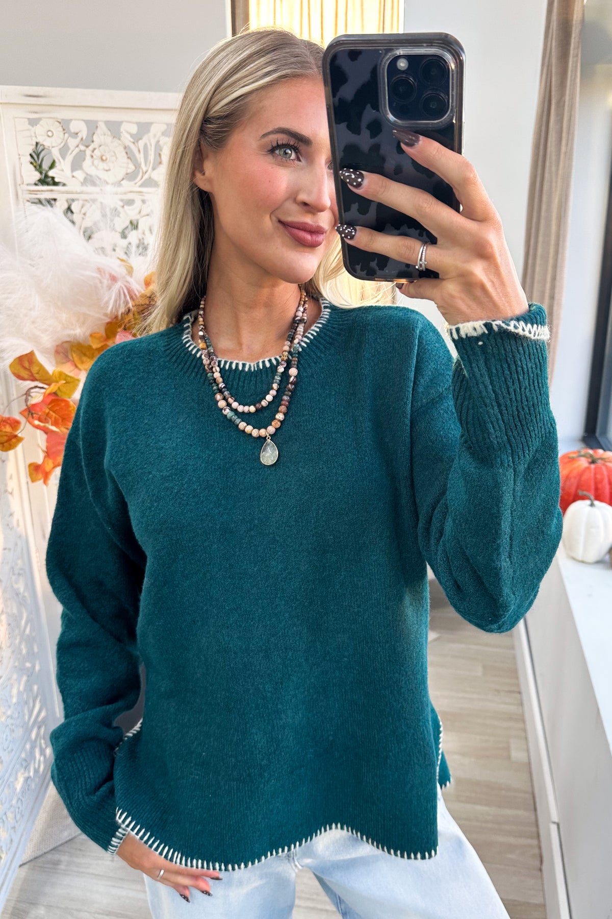 Wool Blend Sweater with Contrast Trim Detail