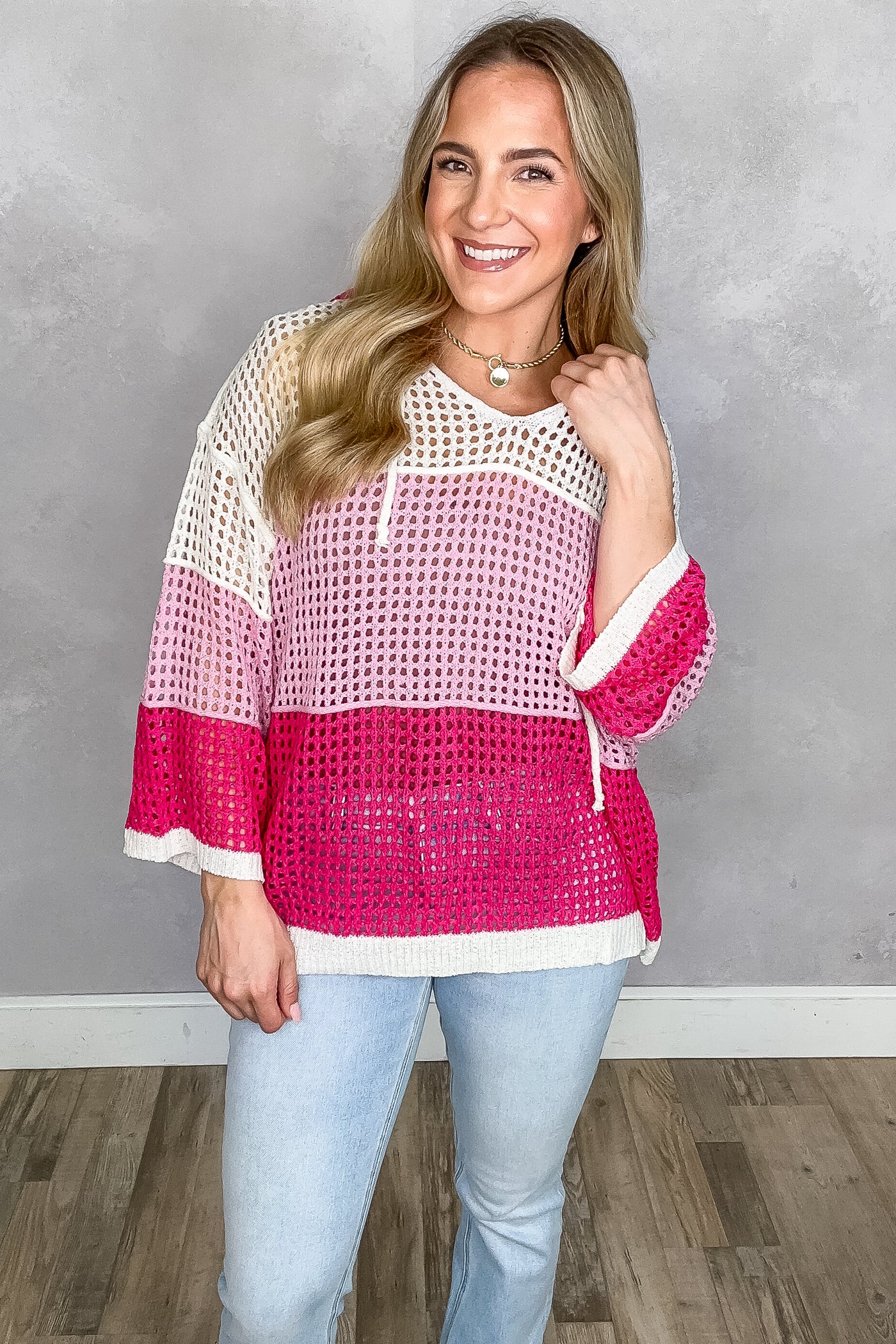 Pink Oversized Open Knit Hoodie Top