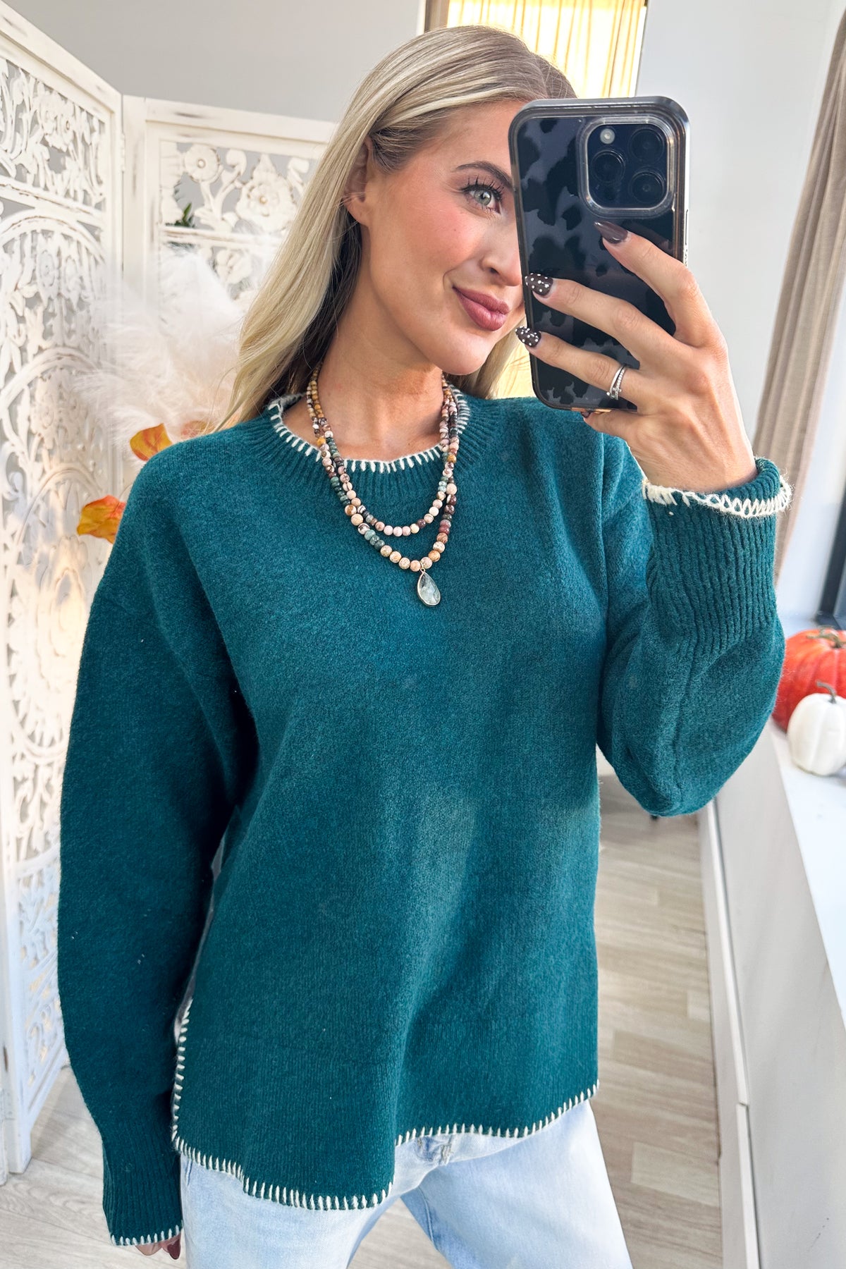 Wool Blend Sweater with Contrast Trim Detail