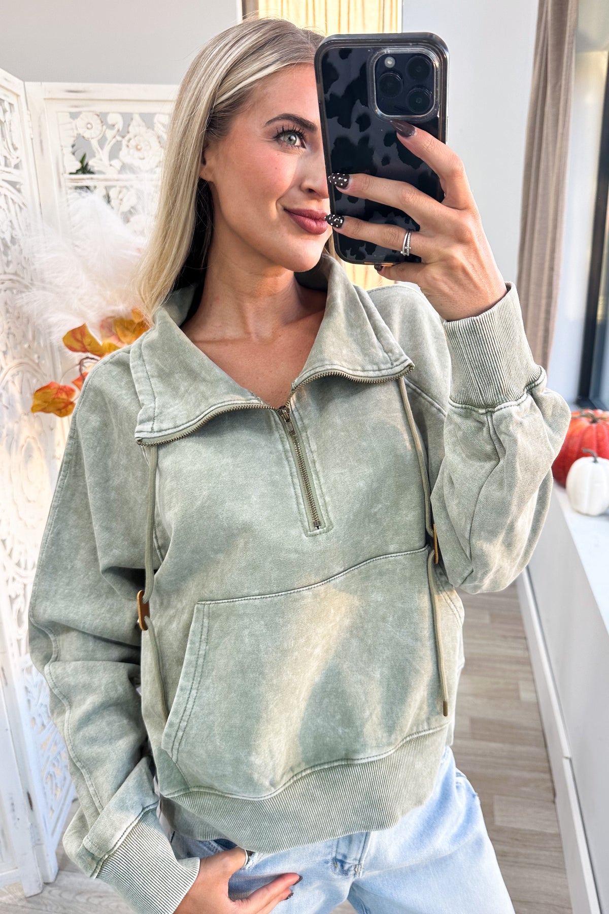 Washed Olive Drawstring Quarter Zip Sweatshirt