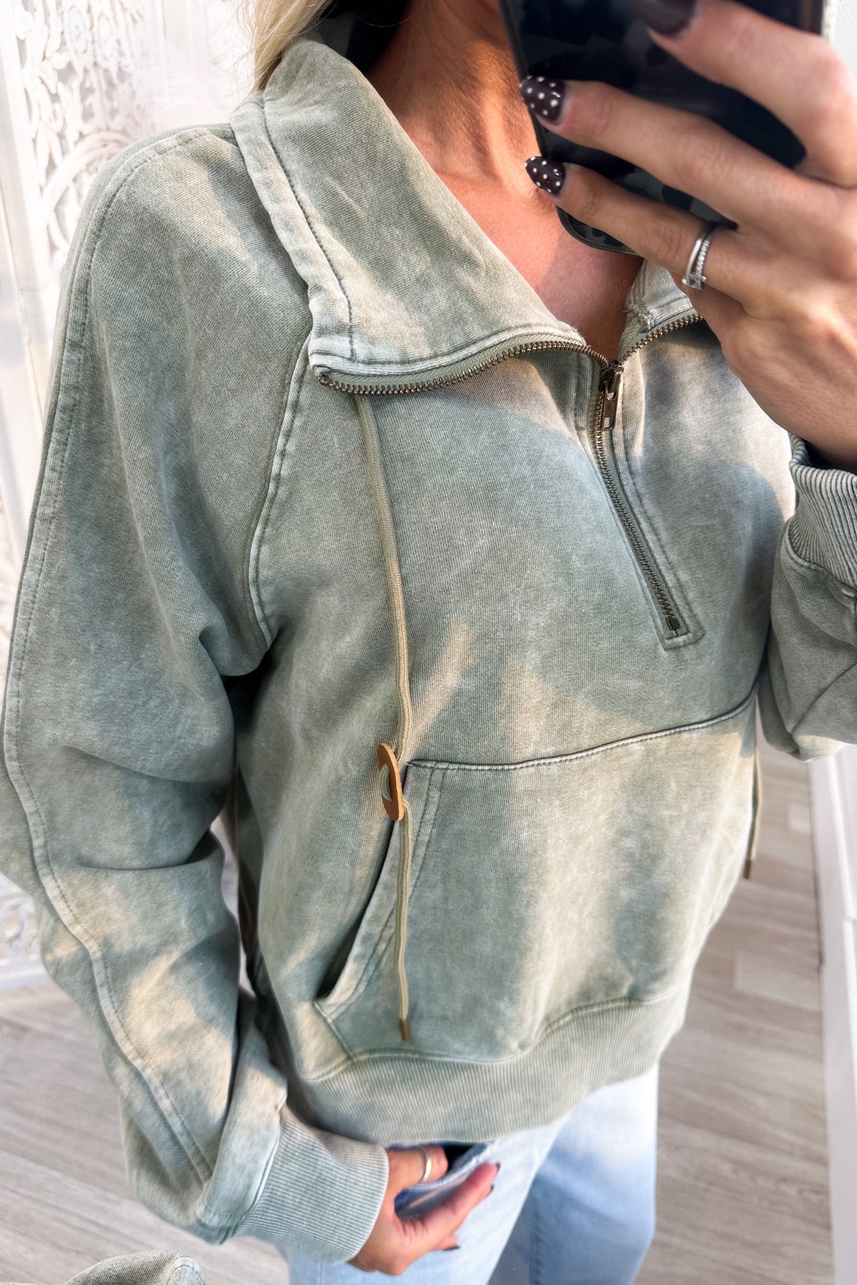Washed Olive Drawstring Quarter Zip Sweatshirt