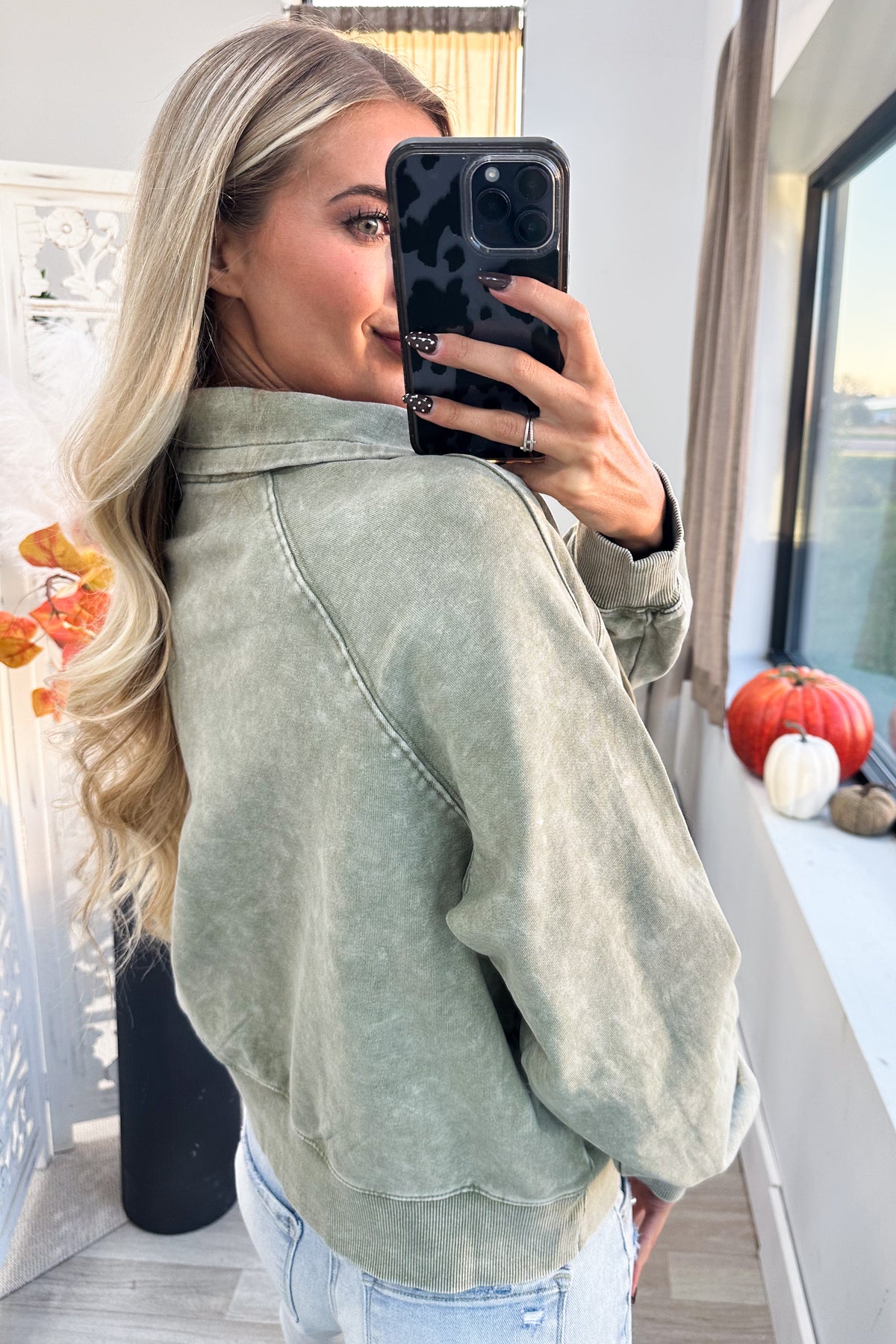 Washed Olive Drawstring Quarter Zip Sweatshirt
