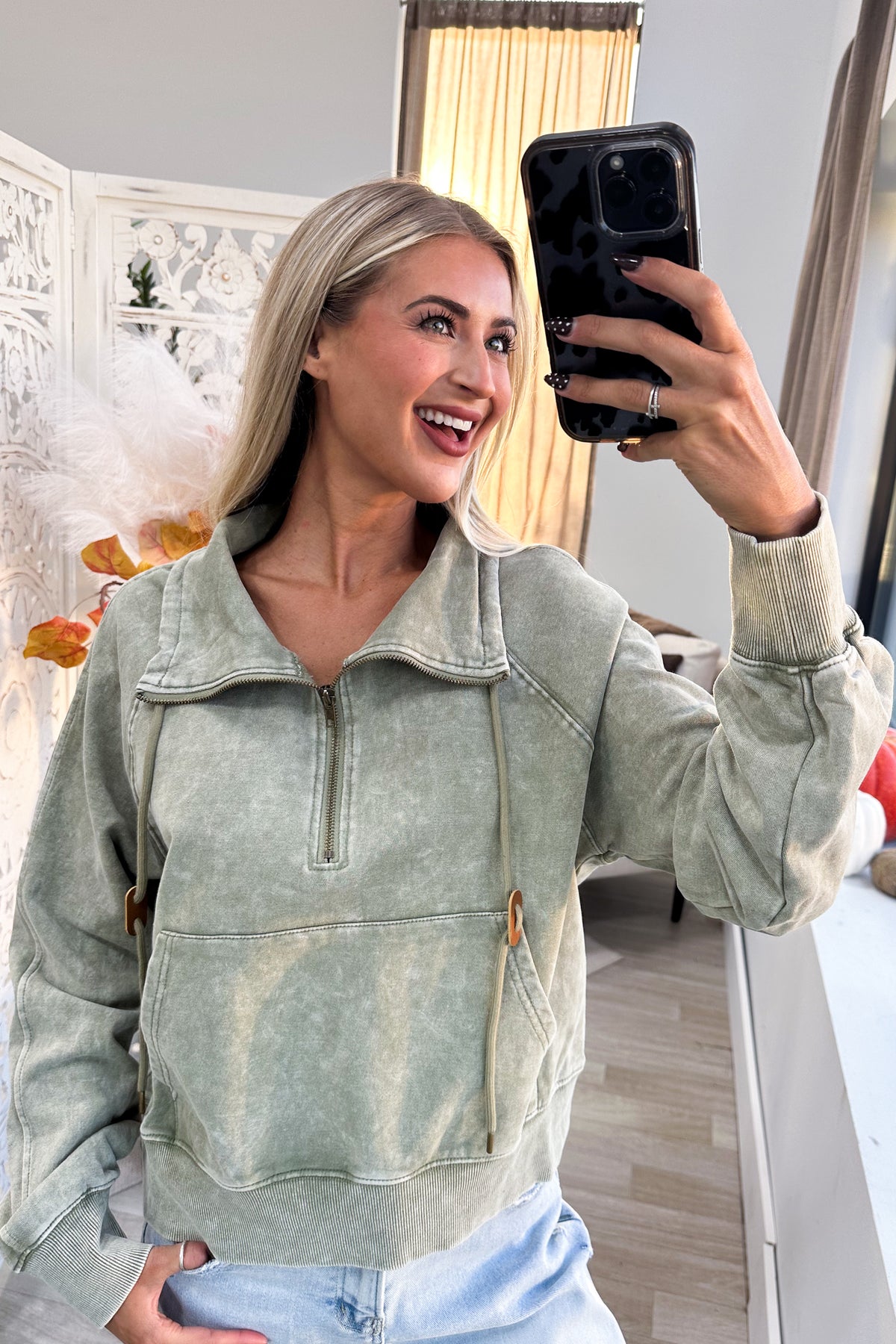 Washed Olive Drawstring Quarter Zip Sweatshirt