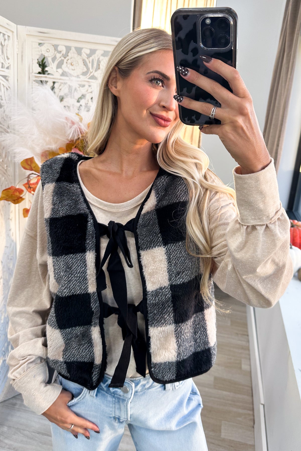 Black Reversible Tie-Front Fuzzy Vest