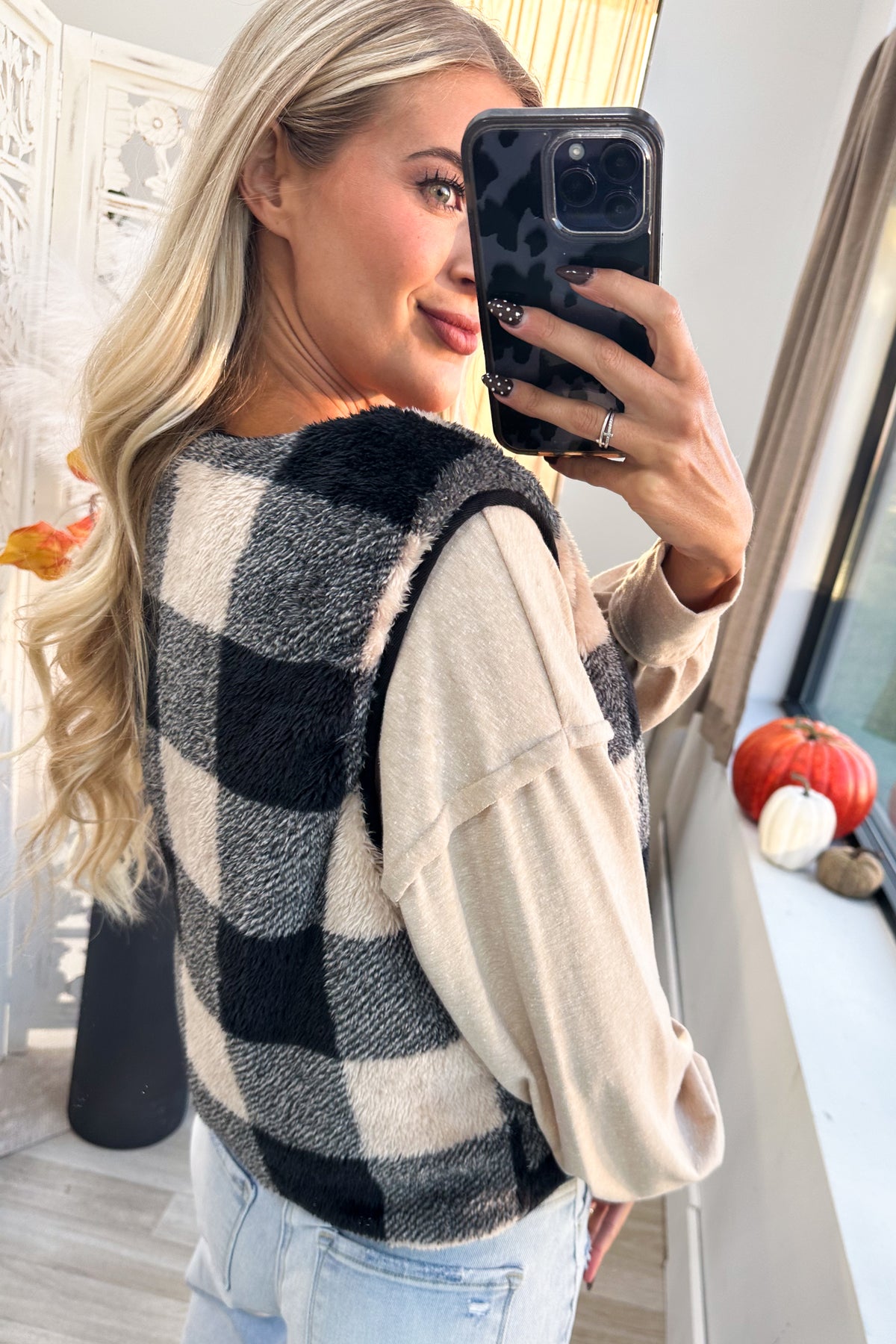 Black Reversible Tie-Front Fuzzy Vest