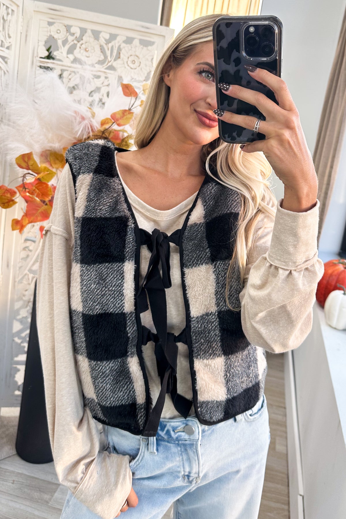 Black Reversible Tie-Front Fuzzy Vest