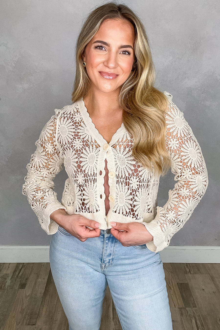 Ivory Flower Pattern Crochet Button Cardigan