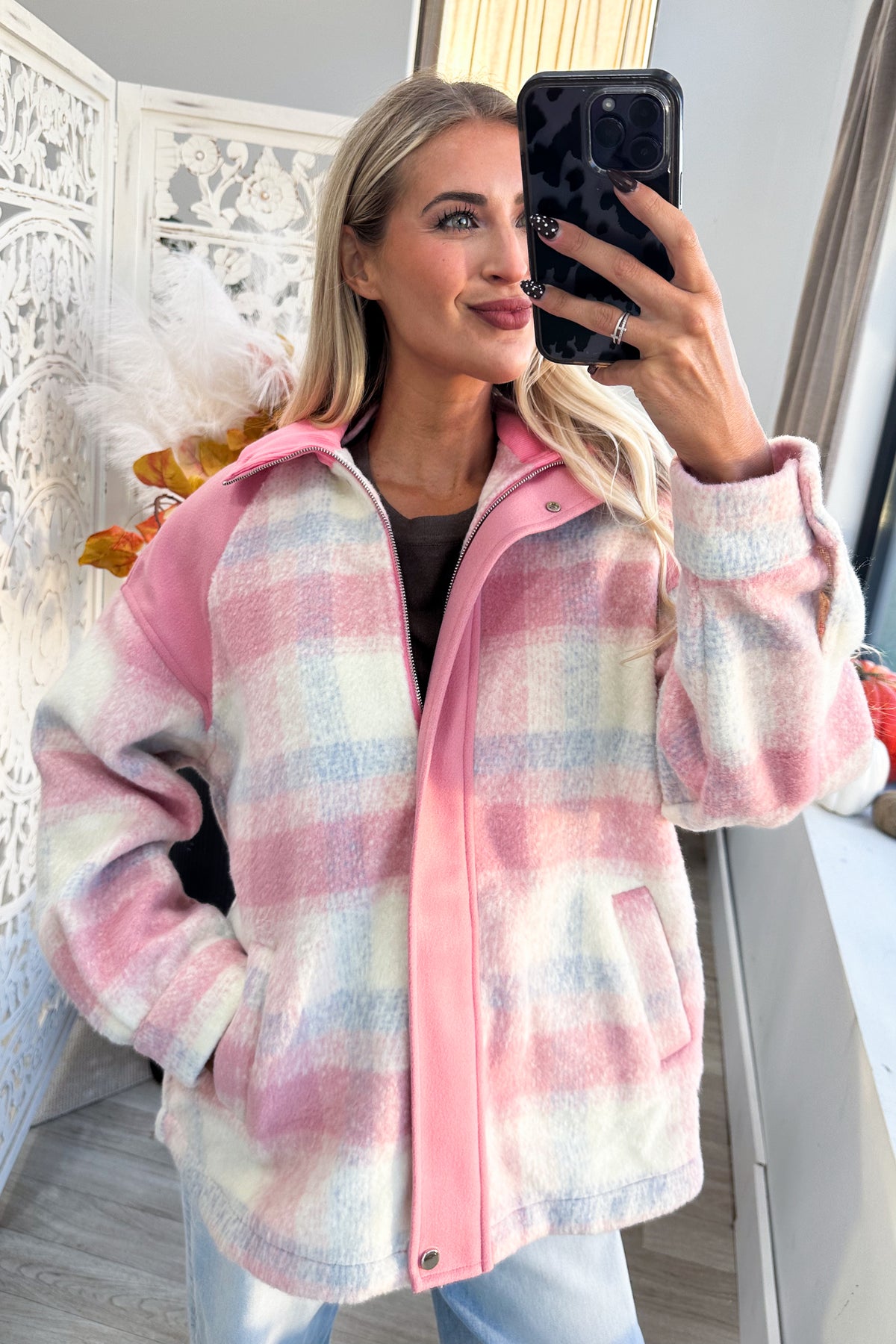 Pink Plaid Shacket With Pockets