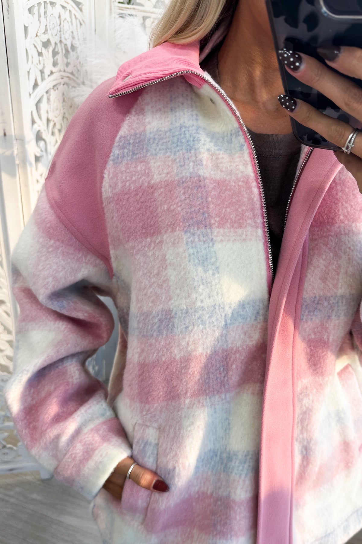 Pink Plaid Shacket With Pockets