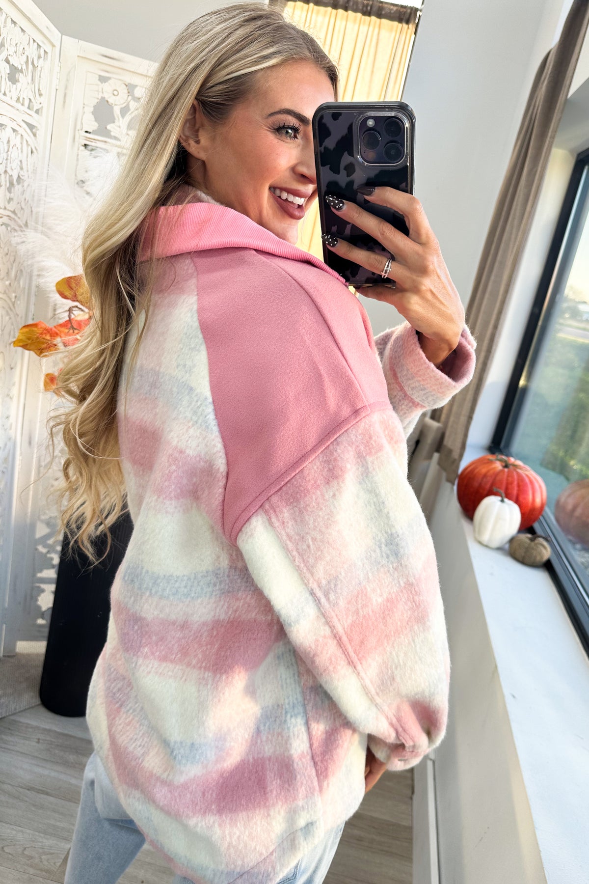 Pink Plaid Shacket With Pockets