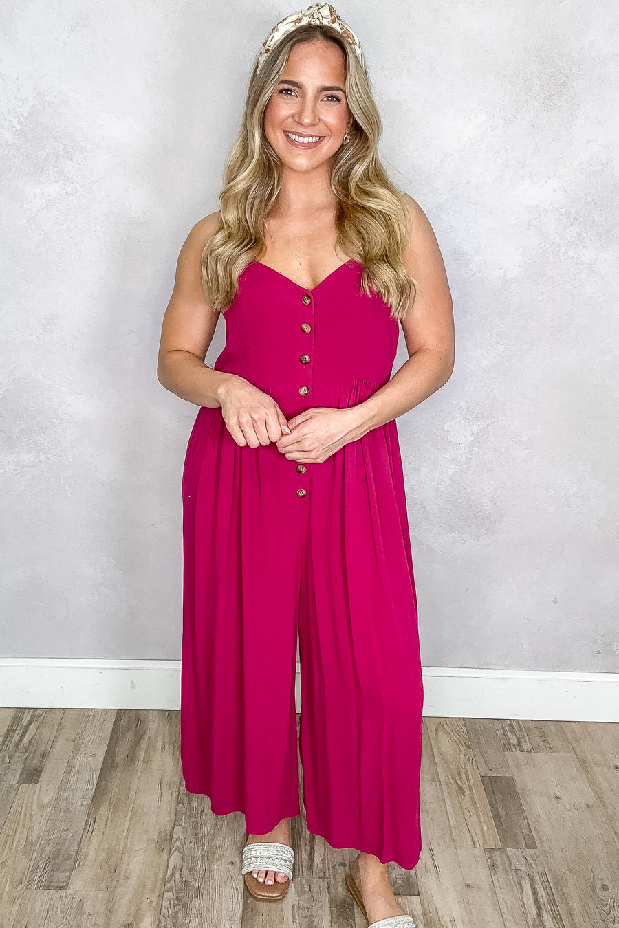 Berry Cropped Wide Leg Jumpsuit With Buttons