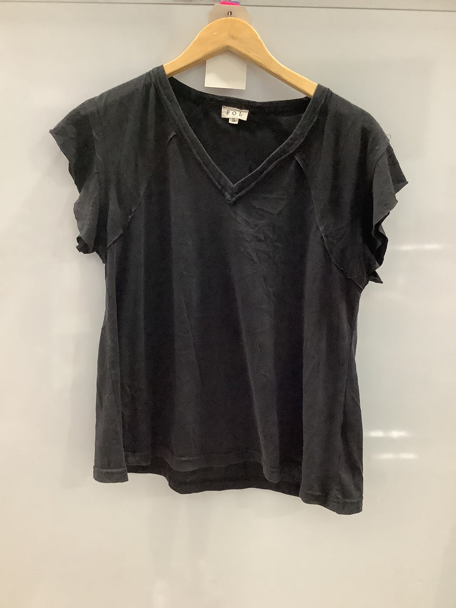 Black V-Neck Ruffle Short Sleeve Knit Top