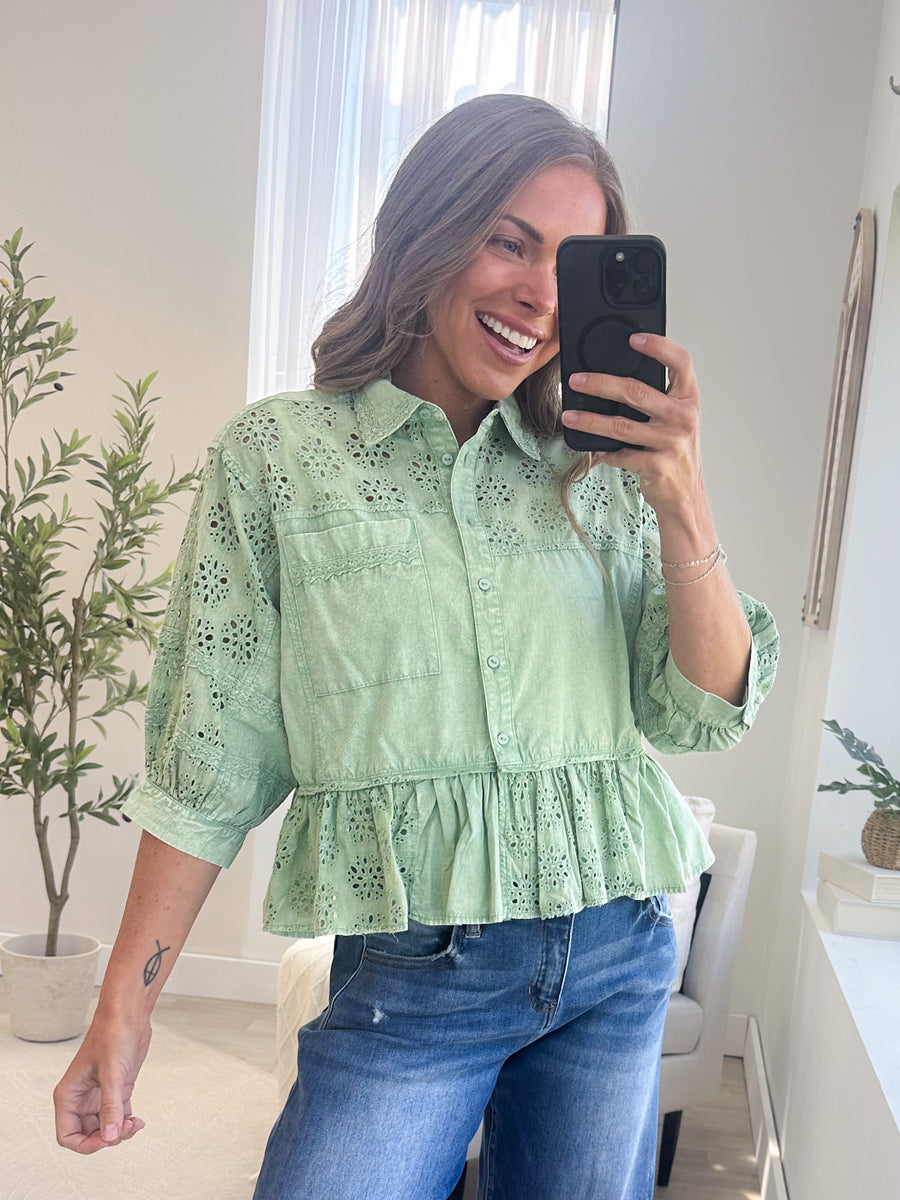 Sage Eyelet Lace Ruffle Peplum Button Down Top
