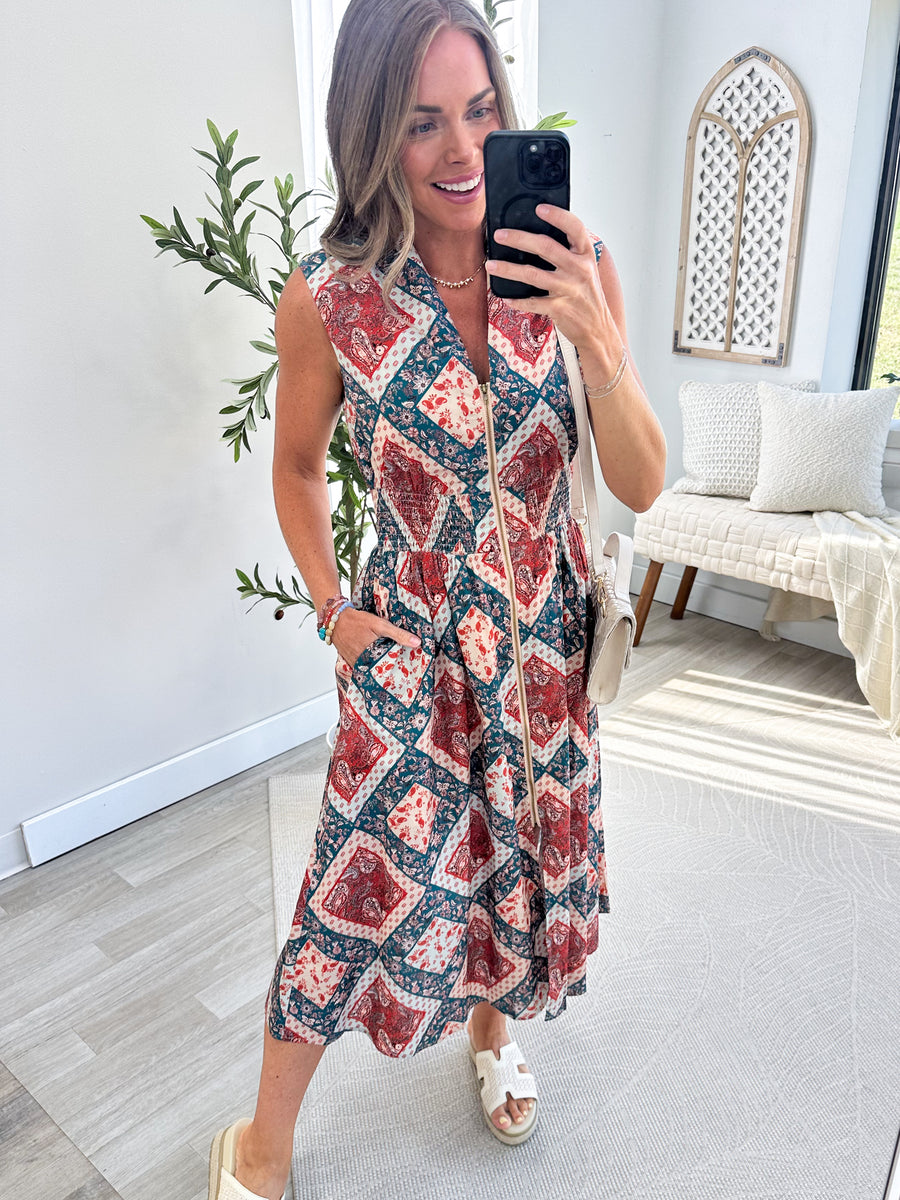 Rust Sleeveless Smocked Waist Patchwork Midi Dress With Front Zip