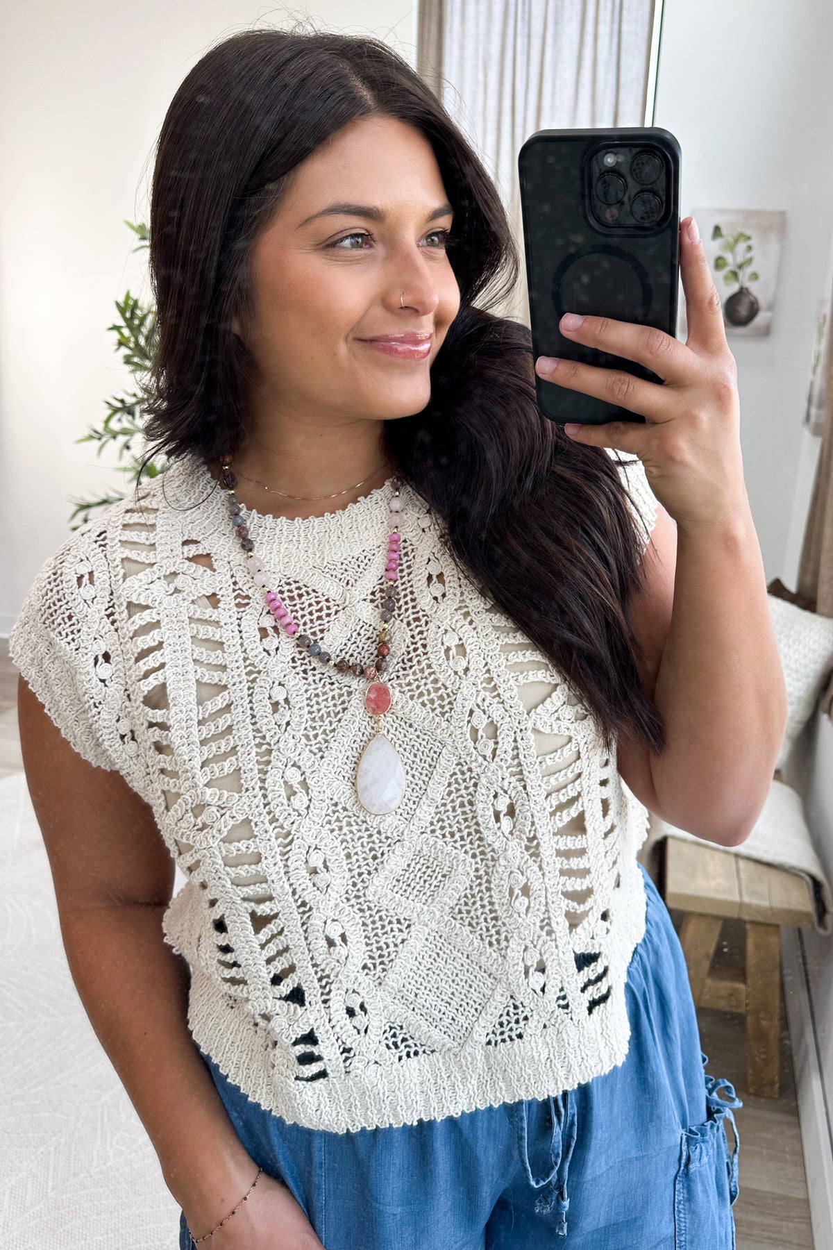 Natural Crochet Open Knit Short Sleeve Top