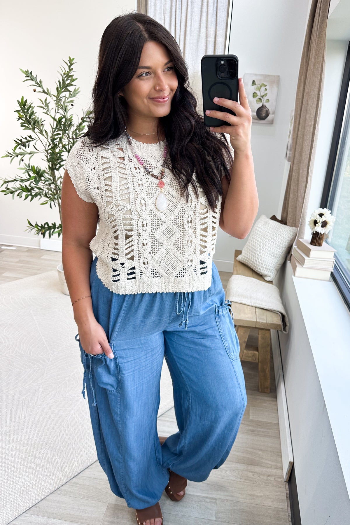 Natural Crochet Open Knit Short Sleeve Top
