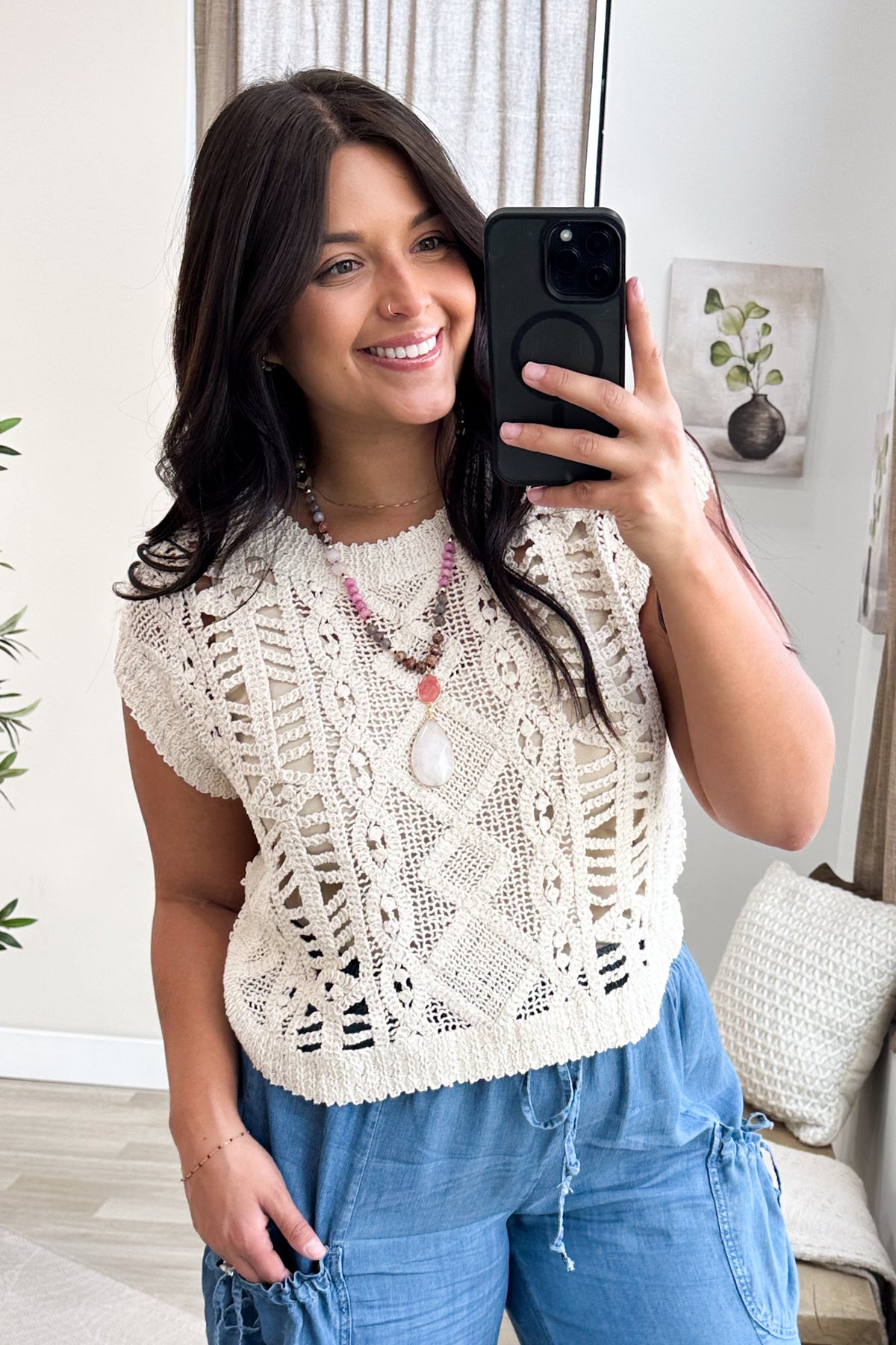 Natural Crochet Open Knit Short Sleeve Top
