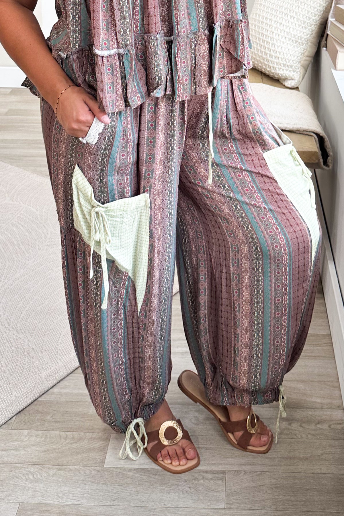 Boho Print Mixed Media Contrast Balloon Pants