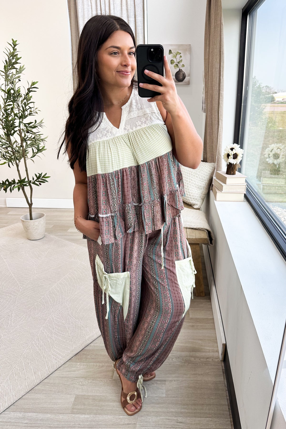 Boho Print Mixed Media Contrast Balloon Pants