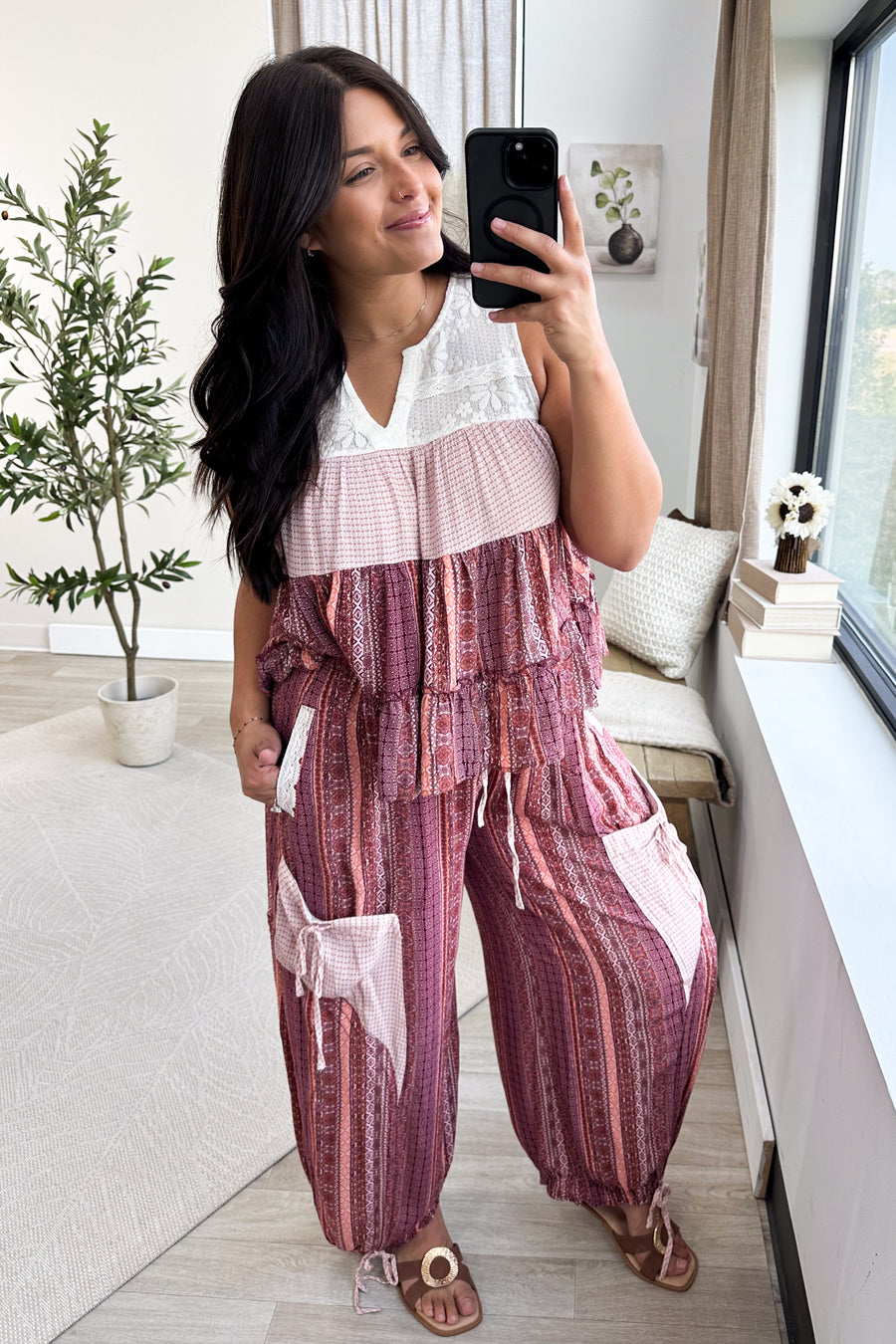 Boho Print Mixed Media Contrast Balloon Pants